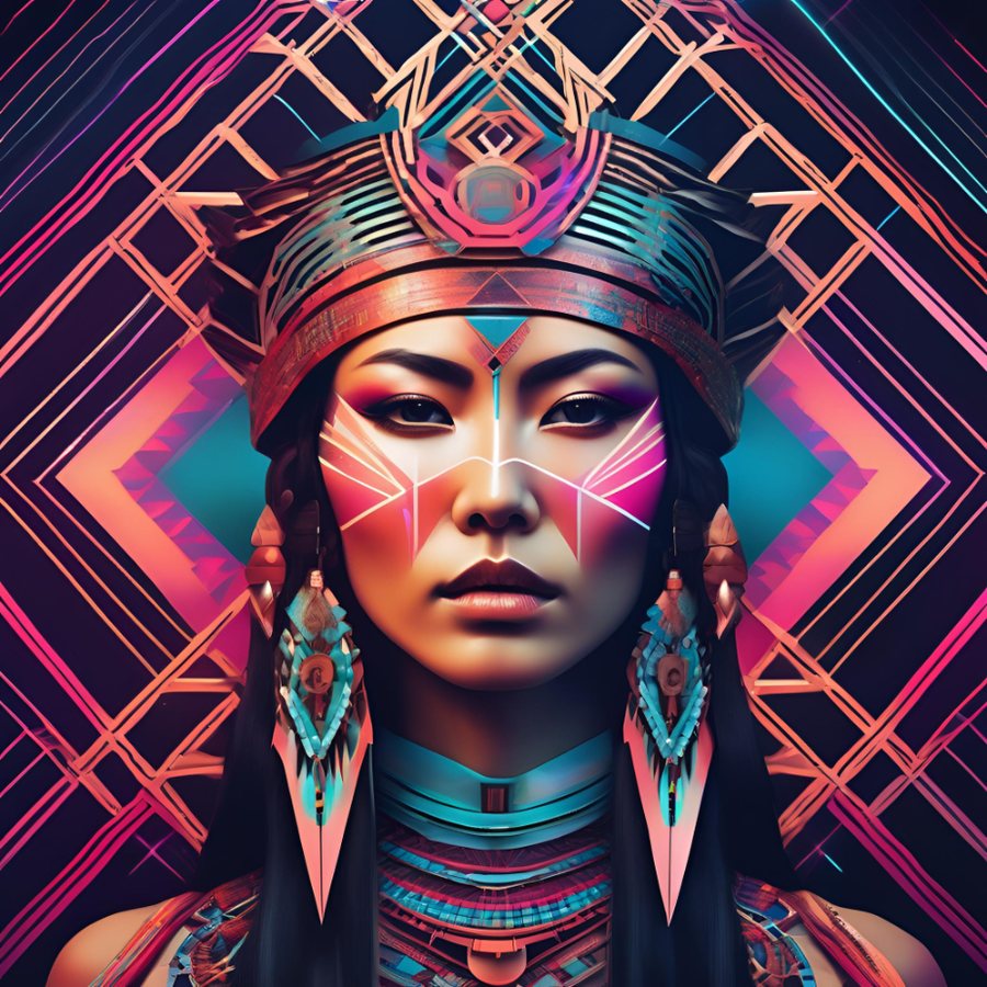 A stylised graphic portrait with a headdress and geometric background.