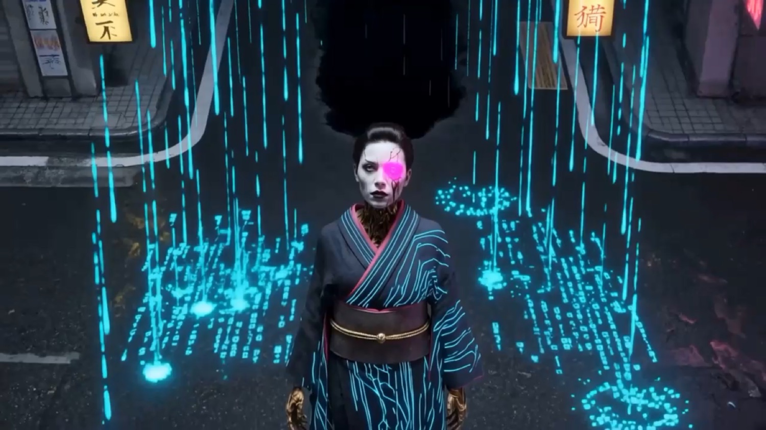 High angle of the geisha alone in the street with digital rain, hands rendered in gold.