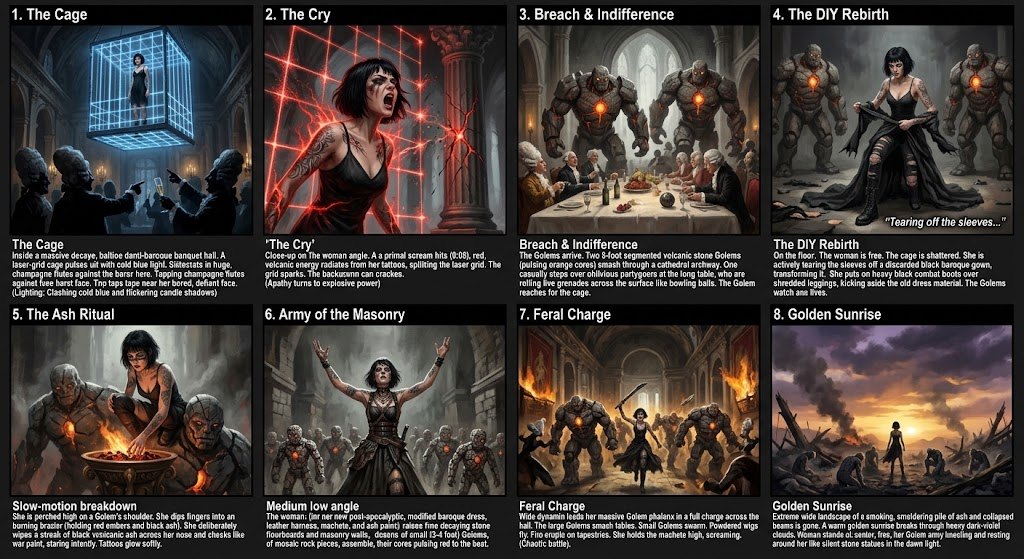 The eight-panel board with shot descriptions and lighting notes.